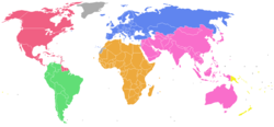 Mapa con las asociaciones de fútbol afiliadas de la FIFA, coloreadas de acuerdo a su confederación. A menos que se encuentren sancionadas por la FIFA, todos los países indicados pueden participar en la fase clasificatoria de la Copa Mundial de la FIFA