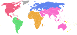 Mapa con las asociaciones de ftbol afiliadas de la FIFA, coloreadas de acuerdo a su confederacin. A menos que se encuentren sancionadas por la FIFA, todos los pases indicados pueden participar en la fase clasificatoria de la Copa Mundial de la FIFA