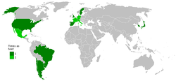 En verde oscuro, países que han organizado en una oportunidad la Copa Mundial; en verde claro, aquellos que lo han hecho dos veces