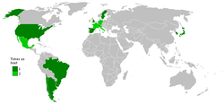 En verde oscuro, pases que han organizado en una oportunidad la Copa Mundial; en verde claro, aquellos que lo han hecho dos veces